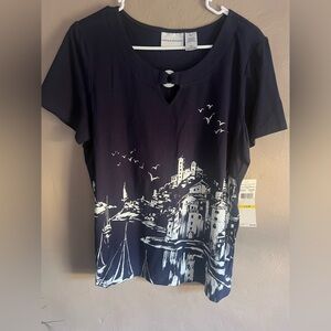 Alfred Dunner Navy and White Scenic Print Top